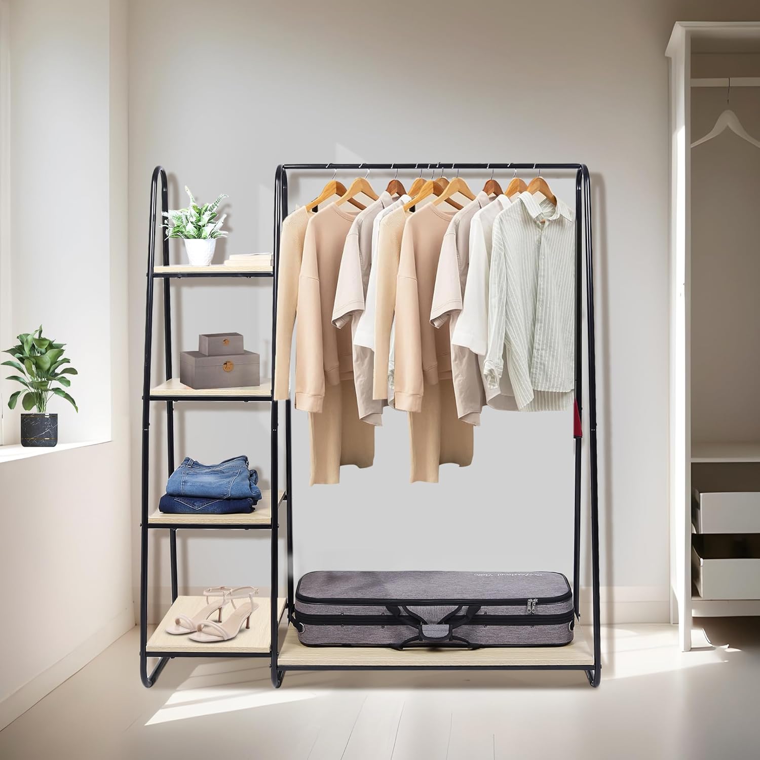 KriShyam Metal Garment Rack with 4-Tier Wood Shelves and Hanging Rod Krishyam KriShyam Metal Garment Rack with 4-Tier Wood Shelves and Hanging Rod Krishyam