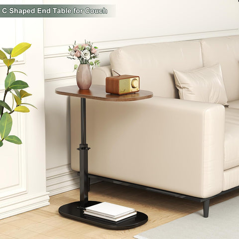 KRISHYAM® Adjustable C-Shaped Side Table for Sofa & Bed, 360° Rotatable Wooden Top, Height Adjustable 45–80 cm Laptop & Bedside Table, Portable End Coffee Snack Table with Metal Base, 40 x 30 cm, Brown & Black