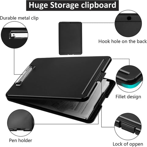 KriShyam® A4 Clipboard with Storage,Storage Clipboard with Clip,Slim Lightweight Plastic Study Writing Pad Foldable with Pen Holder & Document Compartment (Black, white, Pink)