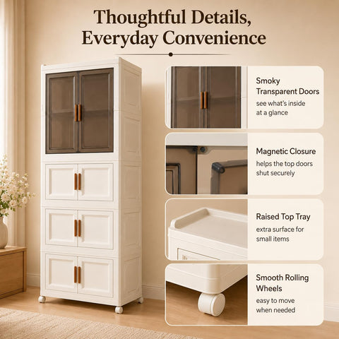 KRISHYAM® 4-Tier Plastic Storage Cabinet with 1 Transparent Door & Wheels, Smoky Translucent Doors, Multipurpose Clothes Organizer for Bedroom & Home, 159 x 69 x 34 cm