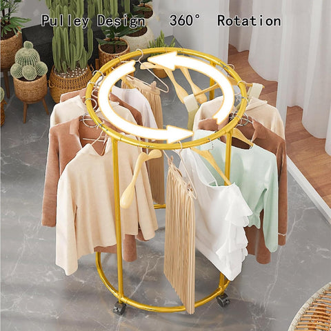 KriShyam® Round Garment Rack with Wheels – Freestanding Metal Clothing Rack, Multi-Purpose Floor-Standing Clothes Organizer for Retail & Home