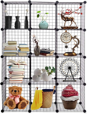 KriShyam® போர்ட்டபிள் க்ளோசெட் வார்ட்ரோப் க்யூப் வார்ட்ரோப் தொங்கும் ஆடைகள், மாடுலர் கேபினெட் விண்வெளி சேமிப்பு, ஐடியல் ஸ்டோரேஜ் ஆர்கனைசர் கியூப் வித் டவர் டிசைன் அச்சிடப்பட்டது - வெள்ளை/கருப்பு (12 பெட்டி)