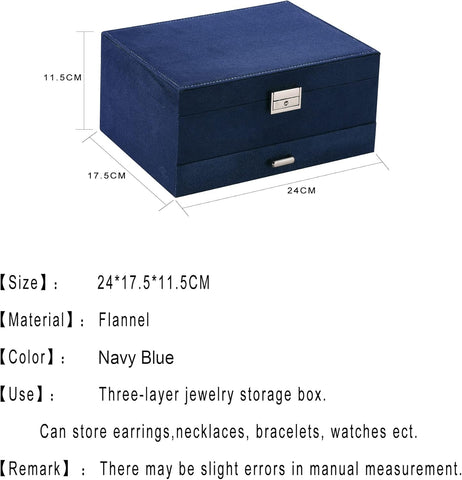 KRISHYAM® 3-Layer Velvet Jewelry Storage Box with Lock – Multi-Compartment Organizer Case for Rings, Earrings, Bracelets, Necklaces & Watches (Blue)