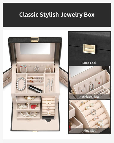 KRISHYAM® Jewelry Box, 4 Layer Leather Jewelry Boxes, Jewelry Organizer with Mirror and Lock for Girls Women Bracelets Rings Necklaces Earrings (Black, Green, Pink, White)