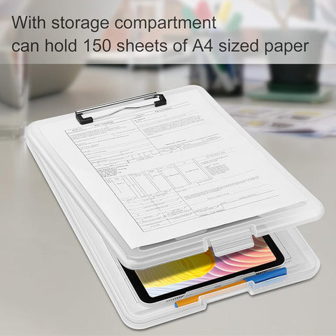KriShyam® A4 Clipboard with Storage,Storage Clipboard with Clip,Slim Lightweight Plastic Study Writing Pad Foldable with Pen Holder & Document Compartment (Black, white, Pink)