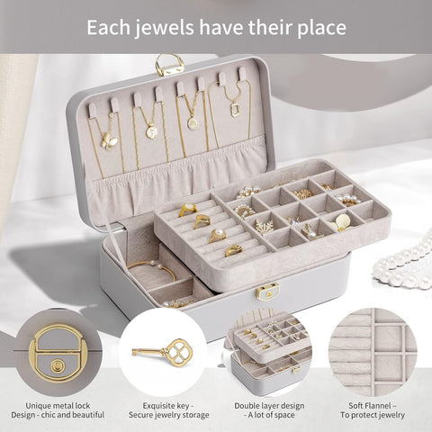 KRISHYAM® Luxury Lockable Jewelry Organizer Box – Portable PU Leather Organizer with Removable Tray for Rings, Earrings, Necklaces, and Bracelets (Black, Grey, White, Pink)