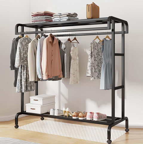 Krishyam® Premium Heavy-Duty Metal Garment Rack with Shelves & Wheels Portable Clothing Organizer with Hanging Rod & Storage for Clothes, Shoes & Accessories
