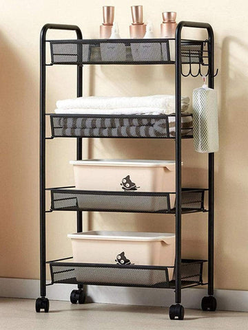 KriShyam ® Rolling Storage Organizer with Wooden Tabletop, Metal Utility, Lockable Wheels for Kitchen, Office, Bedroom (4-Layer Rectangular)