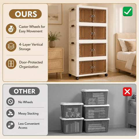 KRISHYAM® 4-Layer Plastic Storage Cabinet with 4 Translucent Doors & Caster Wheels, Multipurpose Clothes Organizer for Bedroom, Kids Room, Bathroom & Home, 141 × 67 × 37 cm (Black & White)