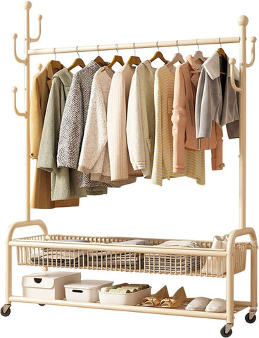 Krishyam® Exquisite Clothes Rail Rack Clothes Rail, 4 in 1 Coat Rack on Brake Wheels, Multifunction Garment Rack with Cactus Hooks and Double Tier Storage Shelf