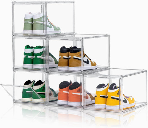 KRISHYAM® Stackable Shoe Storage Box Organizer, Front Open Transparent Sneaker Display Box, Foldable Plastic Shoe Rack for Men & Women, Dustproof Shoe Boxes (Set of 6, Crystal Clear)
