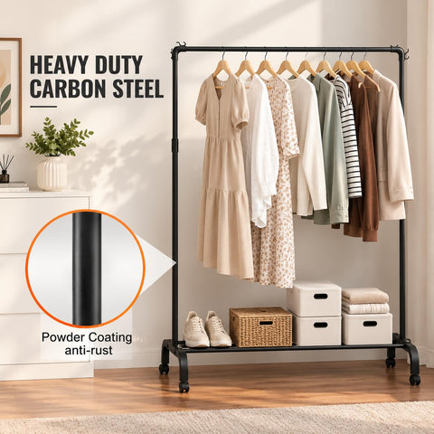KRISHYAM® Carbon Steel Clothes Rack with Plastic Joint Connectors & Wheels, Single Pole Garment Stand with Bottom Shoe Storage Shelf & Side Hooks, Powder Coated Clothes Hanger Stand