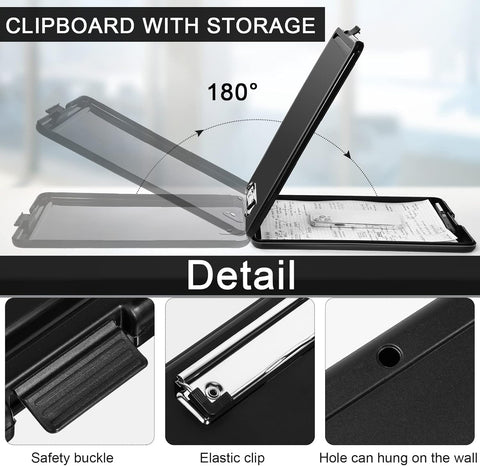 KriShyam® A4 Clipboard with Storage,Storage Clipboard with Clip,Slim Lightweight Plastic Study Writing Pad Foldable with Pen Holder & Document Compartment (Black, white, Pink)