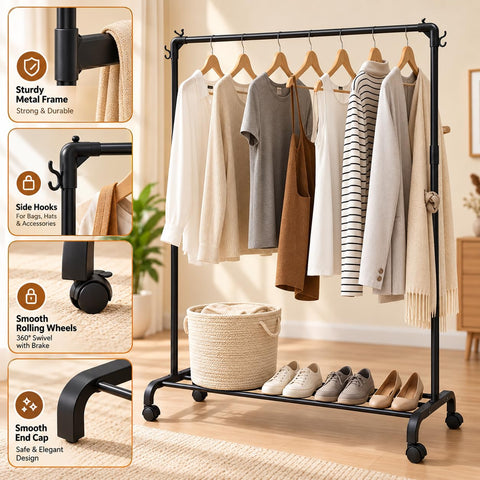 KRISHYAM® Carbon Steel Clothes Rack with Plastic Joint Connectors & Wheels, Single Pole Garment Stand with Bottom Shoe Storage Shelf & Side Hooks, Powder Coated Clothes Hanger Stand