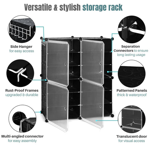 KRISHYAM® 12 Step Modular Shoe Rack Cabinet with Doors & Side Hooks, Stackable Plastic Shoe Organizer Storage Cabinet for Entryway, Bedroom & Closet, Dustproof (4 Door 12 Step (Black))