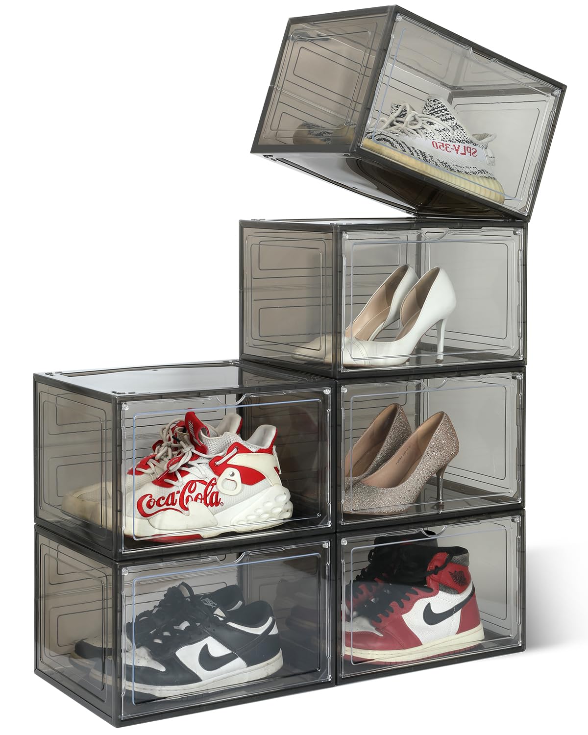 KRISHYAM® Drop Front Shoe Box with Clear Door,6 pack Plastic Shoe Boxes Stackable,Thicken & Sturdy Organizer Containers For Sneakers,Fit up to US Size 12(13.5”x 10.5”x 7.4”) (Set of 6, BlackWhite)