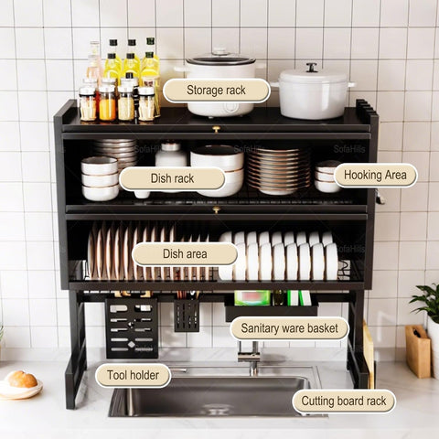 KRISHYAM® 2-Tier Over-the-Sink Dish Drying Rack with Dustproof Flip-Up Covers, Black Metal Kitchen Organizer with Plate & Bowl Storage, Cutlery Holder & Knife Holder | 66 cm & 86 cm Options