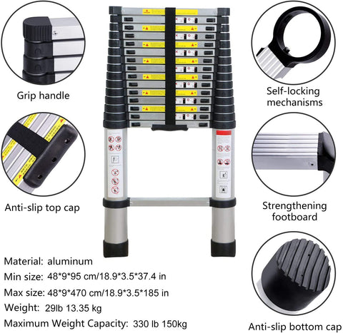 KRISHYAM® Telescoping Telescopic Extension Ladder 20.5 FT/6.2m Aluminum Alloy Extendable Lightweight Ladder Steps Safety for Roofing Business, Household Use, Outdoor Work, 330 lbs Capacity