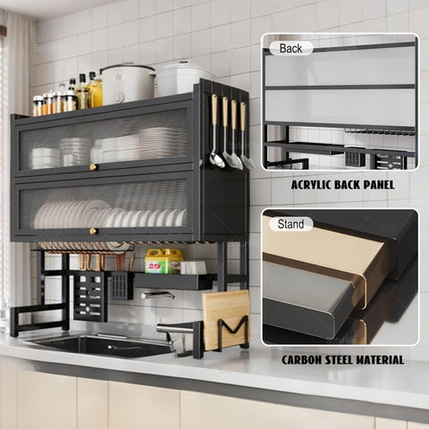 KRISHYAM® 2-Tier Over-the-Sink Dish Drying Rack with Dustproof Flip-Up Covers, Black Metal Kitchen Organizer with Plate & Bowl Storage, Cutlery Holder & Knife Holder | 66 cm & 86 cm Options