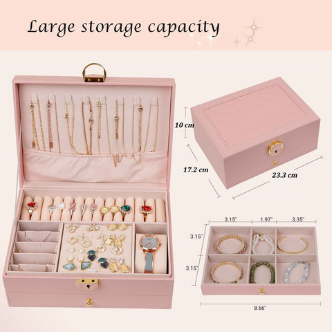 KriShyam® Jewelry Boxes for Women, 2-Layer Jewelry Box, Lockable Waterproof Leather Jewelry Box, for Rings Bracelets Earrings Necklaces Gifts Watches (Green)