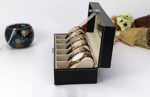KriShyam® Wrist Watch Storage Box Display Case Organizer of Faux Leather Finish with Glass Window 6 Slot 30x8x11 cm