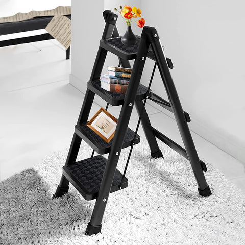 KRISHYAM 4-Step Folding Step Ladder – Heavy Duty Black Step Stool with Handrails, Portable Steel Frame, (Black, 4 STEP LADDER)