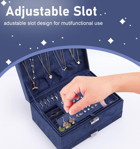 KRISHYAM® 3-Layer Velvet Jewelry Storage Box with Lock – Multi-Compartment Organizer Case for Rings, Earrings, Bracelets, Necklaces & Watches (Blue)