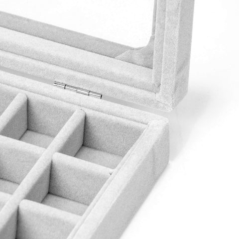 KriShyam® Earring Storage Case 24 Compartments Ring Velvet Display Case Box Earring Ring Organizer Velvet Jewelry Tray Cufflink Storage Showcase with Clear Glass Lid (Grey)