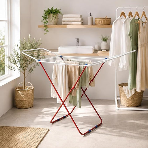 KRISHYAM® Foldable Clothes Drying Stand for Home, Metal Laundry Drying Rack with Foldable Wings, Multiple Hanging Rods & X-Frame, Space-Saving Clothes Stand for Balcony & Indoor Use, 180 x 54 x 105 cm, Red & White