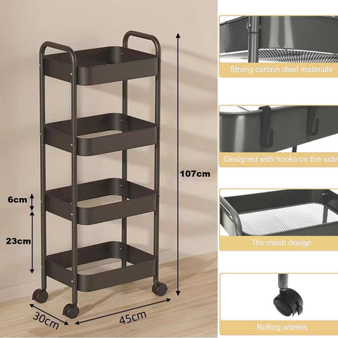 KRISHYAM® 4-Tier Metal Rolling Storage Trolley Cart with Wheels & Handle | Multipurpose Utility Organizer for Kitchen, Bathroom, Office & Salon | Heavy-Duty Steel (4-Layer Square)