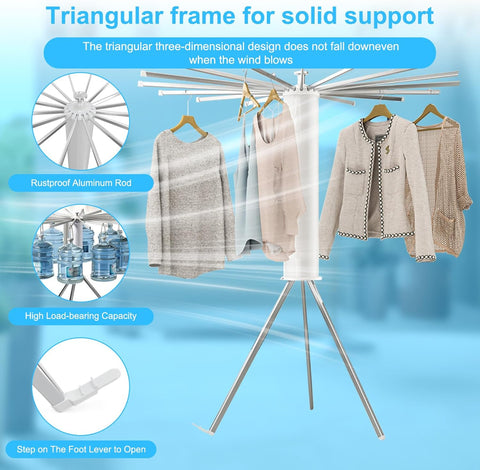 KRISHYAM® Premium Foldable Clothes Drying Rack with Wheels | 360° Rotating Telescopic Hanger Stand for Indoor & Outdoor Use (16 Stick-White & Silver with Wheel)