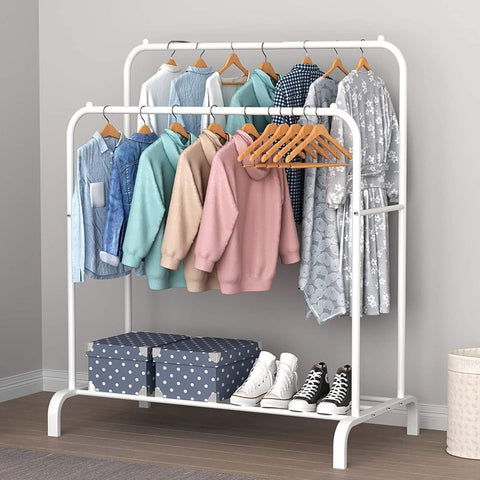 KriShyam®  Double Pole Hanger Garment Rack Freestanding Hanger Double Rods Multi-Functional Bedroom Clothing Rack (Hanger) White