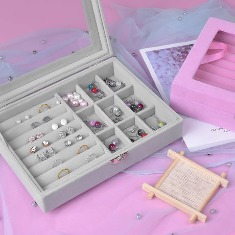 KriShyam® Jewelry Boxes with Glass Lids, 9 Grids Jewelry Storage Organizer Jewelry Box Women Travel Jewelry Box, Necklace Earrings Ring Jewelry Box, Clear Jewelry Storage Box