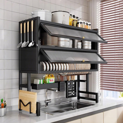 KRISHYAM® 2-Tier Over-the-Sink Dish Drying Rack with Dustproof Flip-Up Covers, Black Metal Kitchen Organizer with Plate & Bowl Storage, Cutlery Holder & Knife Holder | 66 cm & 86 cm Options