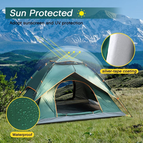 KRISHYAM® Automatic Camping Tent for 3-4 Person, Double Door Waterproof 3000mm Dome Tent with Anti-UV Protection, 210D Oxford Fabric, Portable Wind-Resistant Family Tent for Camping, Hiking, Beach & Travel