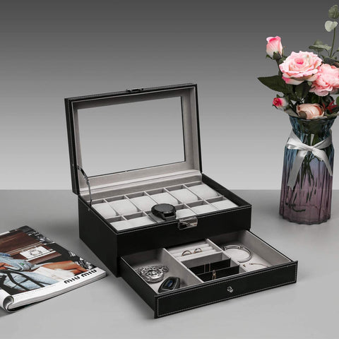 KriShyam® Men and Women Watch Box/Watch Case/Organizer/Storage box(Double Layer (12 slot watch + jewelry organizer)