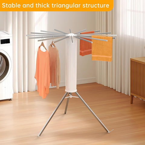 KRISHYAM® Premium Foldable Clothes Drying Rack with Wheels | 360° Rotating Telescopic Hanger Stand for Indoor & Outdoor Use (16 Stick-White & Silver with Wheel)