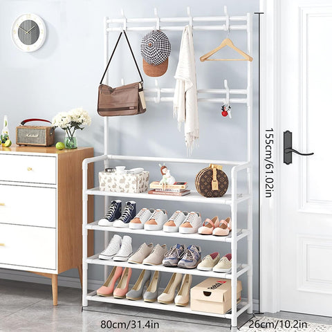 KriShyam® 3-in-1 Entryway Coat Rack & Shoe Bench – Hooks and Shelves for Hats, Coats, and Umbrellas – Stylish Black Multifunctional Organizer (4-TIER)