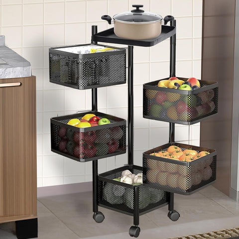 KRISHYAM® 6-Tier Metal Rolling Kitchen Storage Trolley with Mesh Baskets & Wheels | Multipurpose Vegetable, Fruit & Pantry Organizer Cart | Heavy-Duty Steel | Black (6-Tier Square)