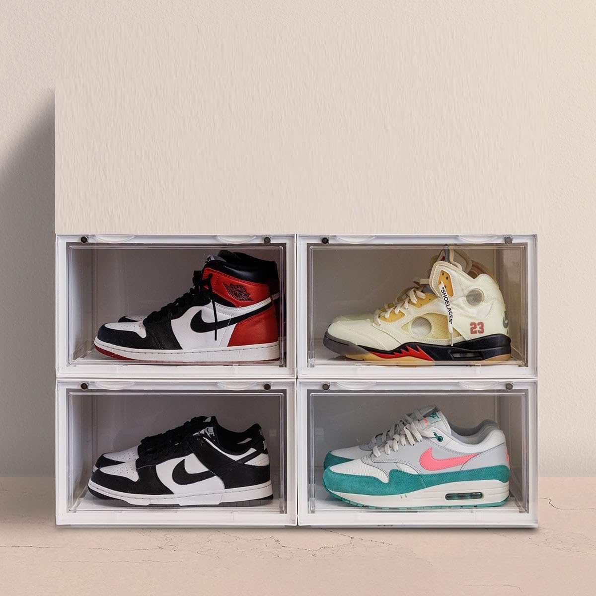 KRISHYAM® Shoe Box Storage Display Box Plastic Foldable Stackable Plastic Shoe Box, As Shoe Box Storage Containers and Shoe Organizer Containers with Lids for Women/Men(WHITE) (Pack of 4)