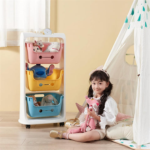 KRISHYAM® 3-Tier Kids Toy Storage Organizer Rack with Wheels | Dual-Tone Plastic Toy Shelf with Removable Bins for Toys, Books & Stationery (3-Tier Kids Basket (Glossy Finish)