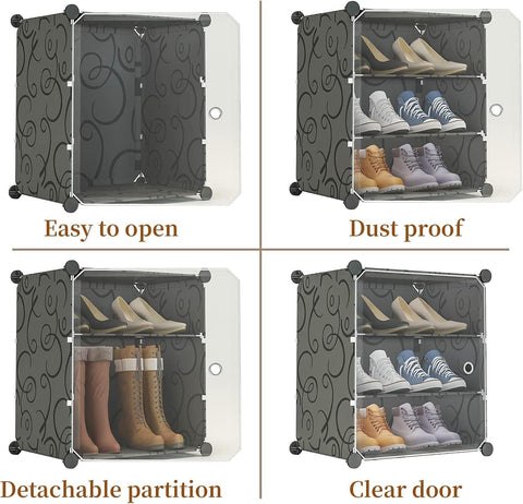 KRISHYAM® 12 Cube Modular Shoe Rack Cabinet with Doors & Side Hooks, Large Stackable Plastic Shoe Storage Organizer for Entryway, Bedroom & Closet, Space Saving (12 Door 24 Step (Black & White and simple White))