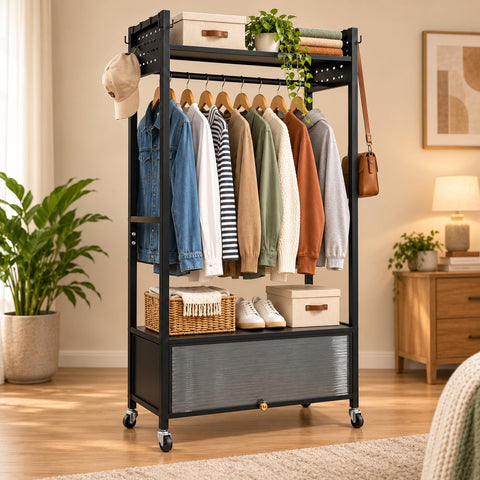 KRISHYAM® Metal Garment Rack with Wheels, Clothes Hanger Stand with Top Shelf, Side Hooks & Enclosed Bottom Storage, Mobile Wardrobe Organizer for Bedroom & Laundry
