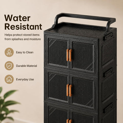 KRISHYAM® 5-Tier Plastic Storage Cabinet with Wheels, Water-Resistant Modular Clothes Organizer for Bedroom, Bathroom & Home, 133 x 46 x 27 cm, Black