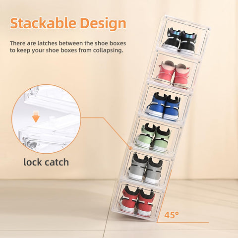 KRISHYAM® Drop Front Shoe Box with Clear Door,6 pack Plastic Shoe Boxes Stackable,Thicken & Sturdy Organizer Containers For Sneakers,Fit up to US Size 12(13.5”x 10.5”x 7.4”) (Set of 6, BlackWhite)