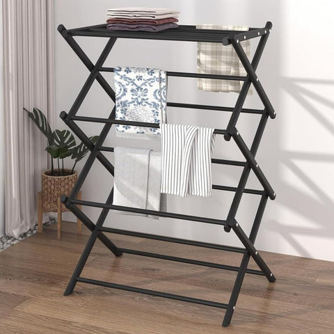 KRISHYAM® 3 Tier Foldable Clothes Drying Stand for Home, Multi-Level Metal Laundry Drying Rack with Multiple Hanging Rods, Space-Saving Clothes Rack for Balcony & Indoor Use, 78 x 38 x 103 cm, White & Black
