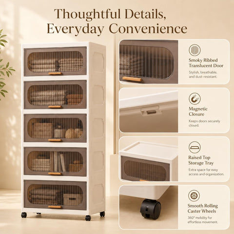KRISHYAM® 5-Layer Plastic Storage Cabinet with Lift-Up Doors & Wheels, Smoky Translucent Multipurpose Clothes Organizer for Bedroom, Kids Room & Home, 123 x 50 x 26 cm