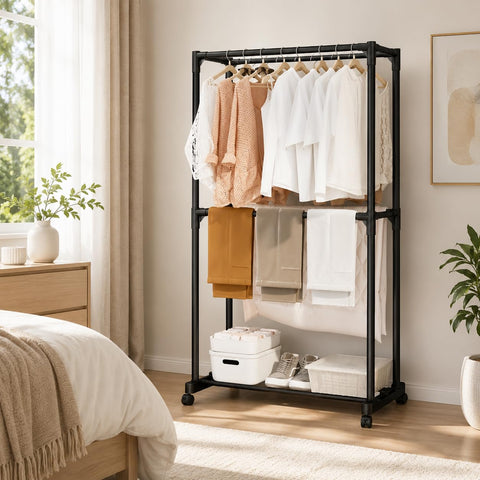 KRISHYAM® Double Rod Clothes Rack with Wheels 2 Tier Garment Rack with Bottom Shoe Shelf, Heavy Duty Metal Clothing Stand, Portable Coat Hanger Organizer for Bedroom (75 x 42 x 158 cm)