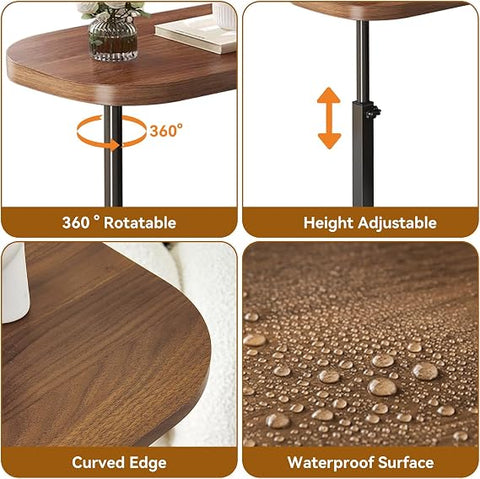 KRISHYAM® Adjustable C-Shaped Side Table for Sofa & Bed, 360° Rotatable Wooden Top, Height Adjustable 45–80 cm Laptop & Bedside Table, Portable End Coffee Snack Table with Metal Base, 40 x 30 cm, Brown & Black