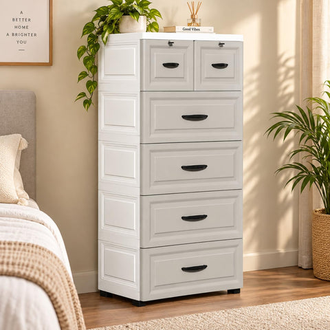 KRISHYAM® 6-Drawer Plastic Drawer Storage Cabinet with Lockable Top Compartments & Concealed Wheels, Multipurpose Clothes Organizer for Bedroom, Kids Room & Home (6 Drawer (Grey & White))